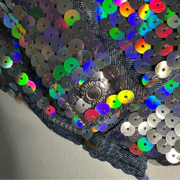 NWT Wren + Glory Hand Painted Bowie Denim Jacket Sequin Cropped Free People O/S - Picture 6 of 9